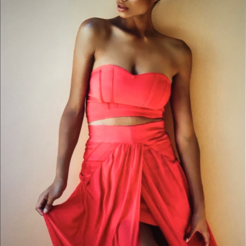 Red bandage strapless top with matching flowy skirt from jluxlabel